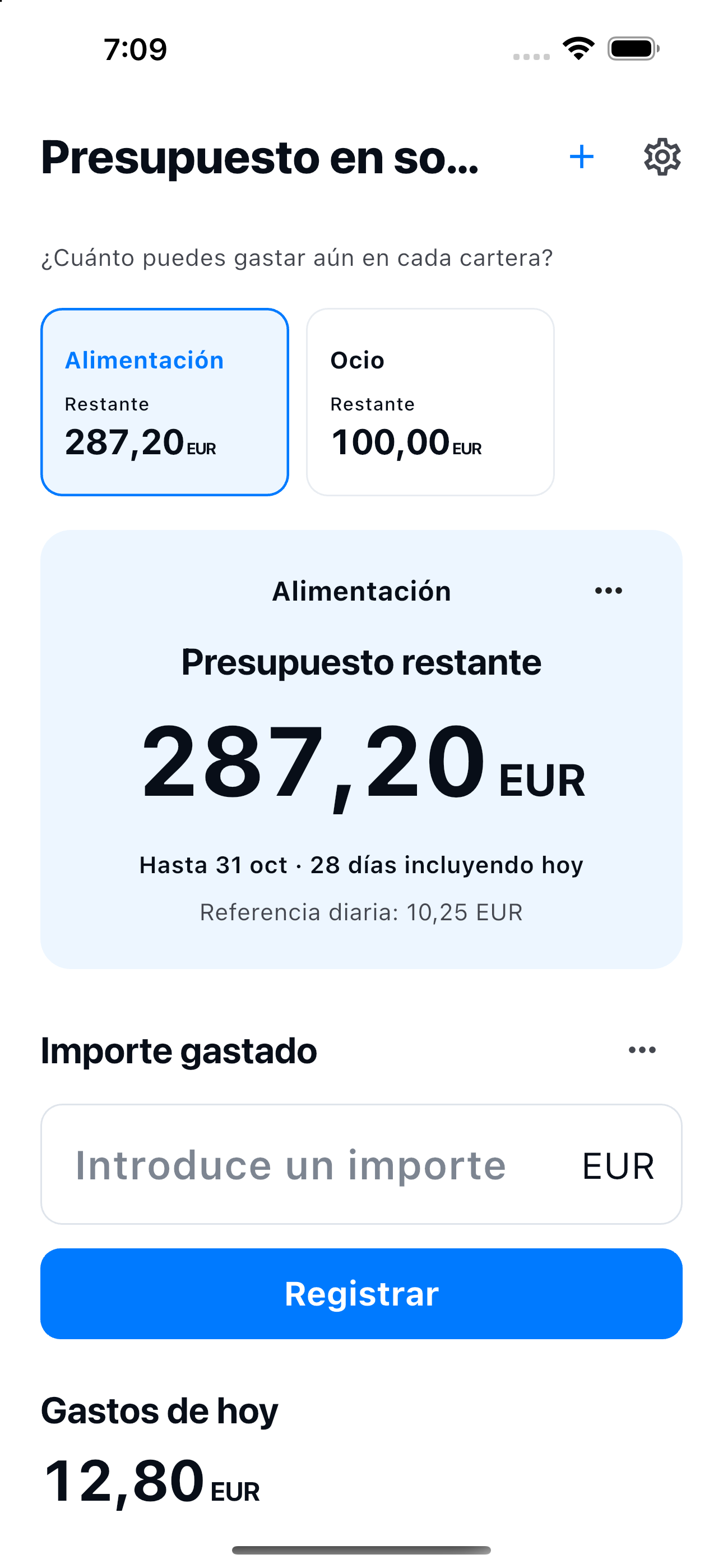 Presupuesto en sobres — Alimentación, Ocio, Presupuesto restante