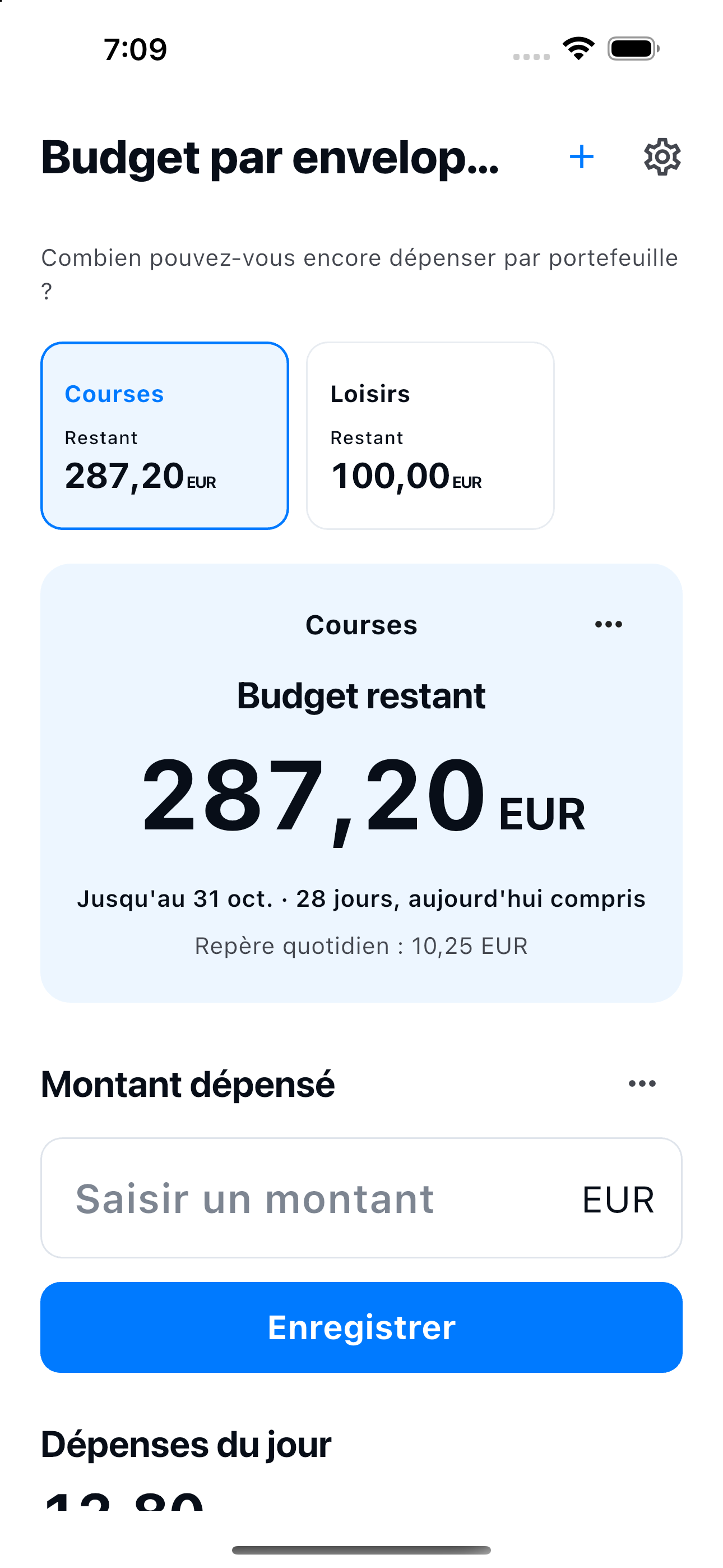 Budget par enveloppes — Courses, Loisirs, Budget restant