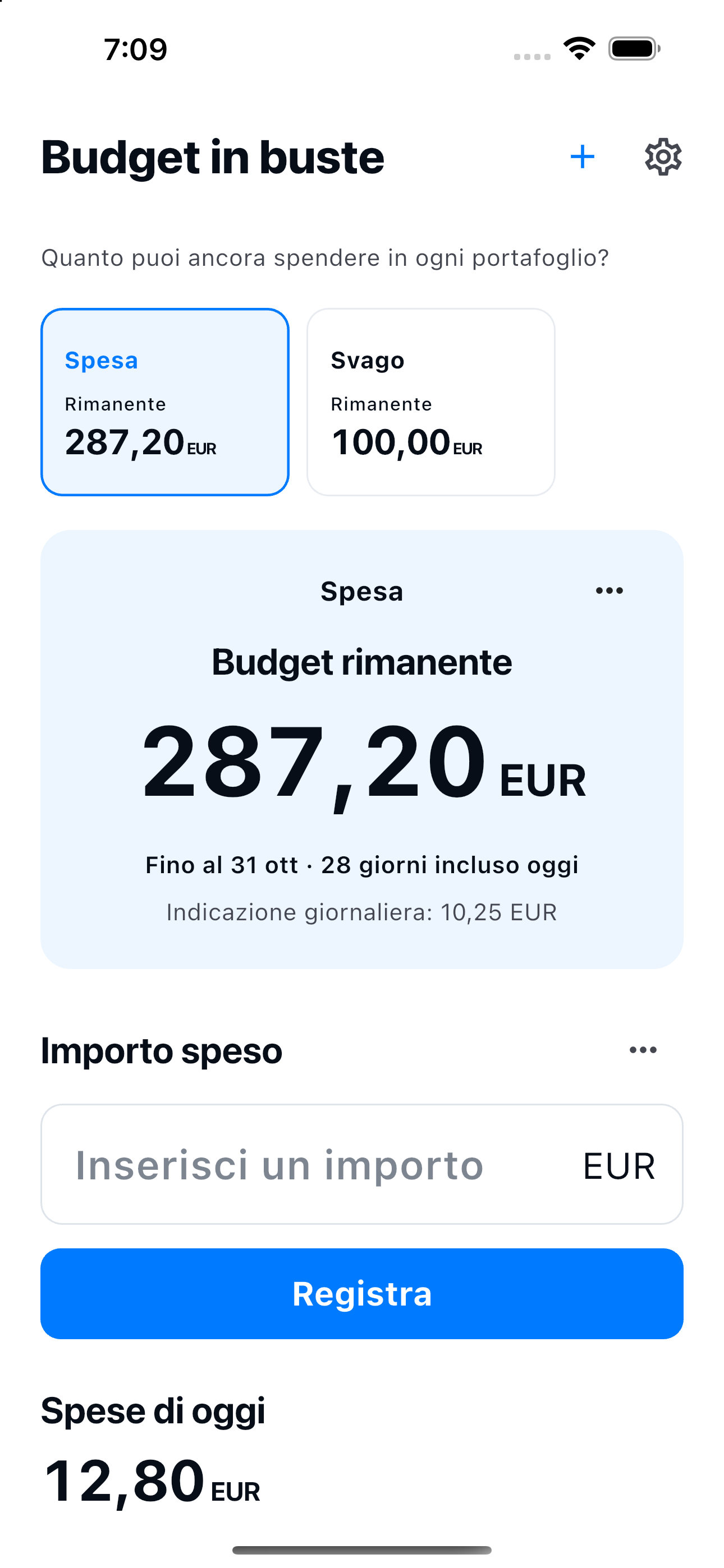 Budget in buste — Spesa, Svago, Budget rimanente