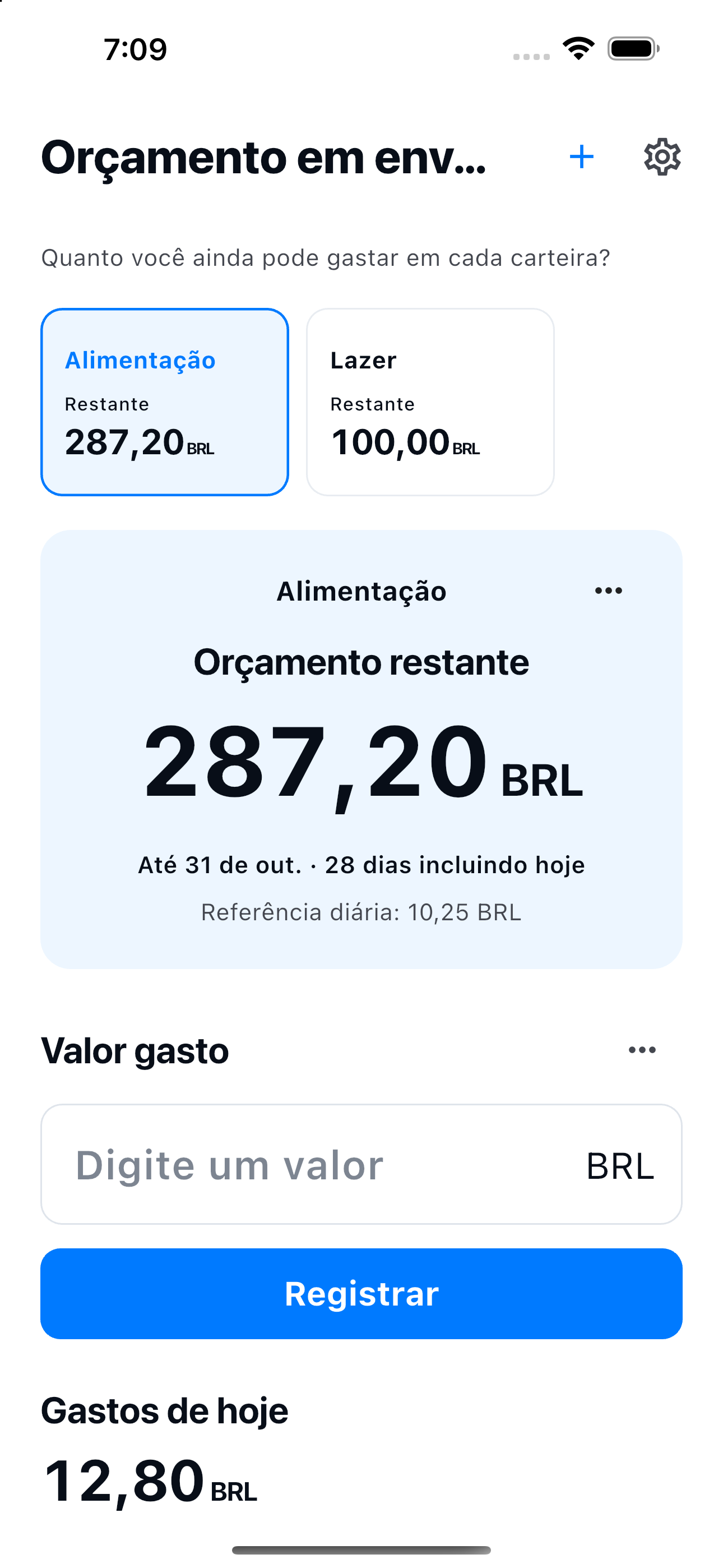 Orçamento em envelopes — Alimentação, Lazer, Orçamento restante