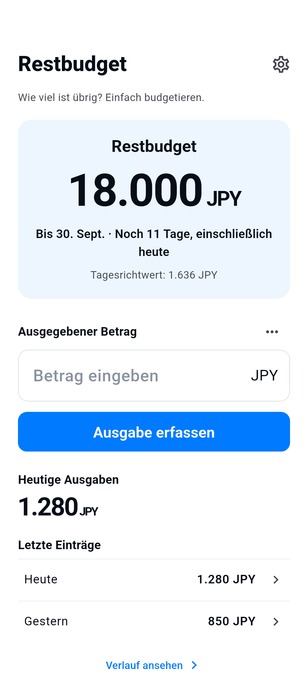 Restbudget — Restbudget, Ausgegebener Betrag, Letzte Einträge