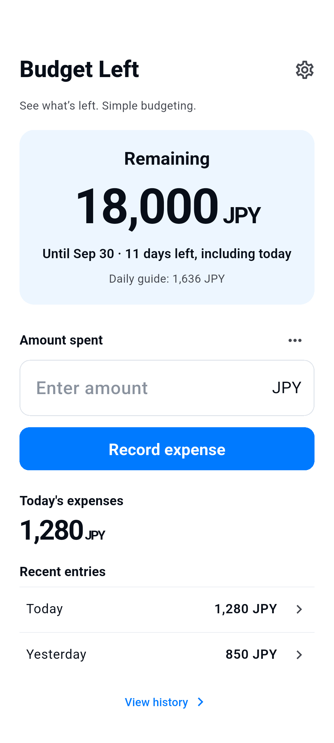 Budget Left — Remaining, Amount spent, Recent entries