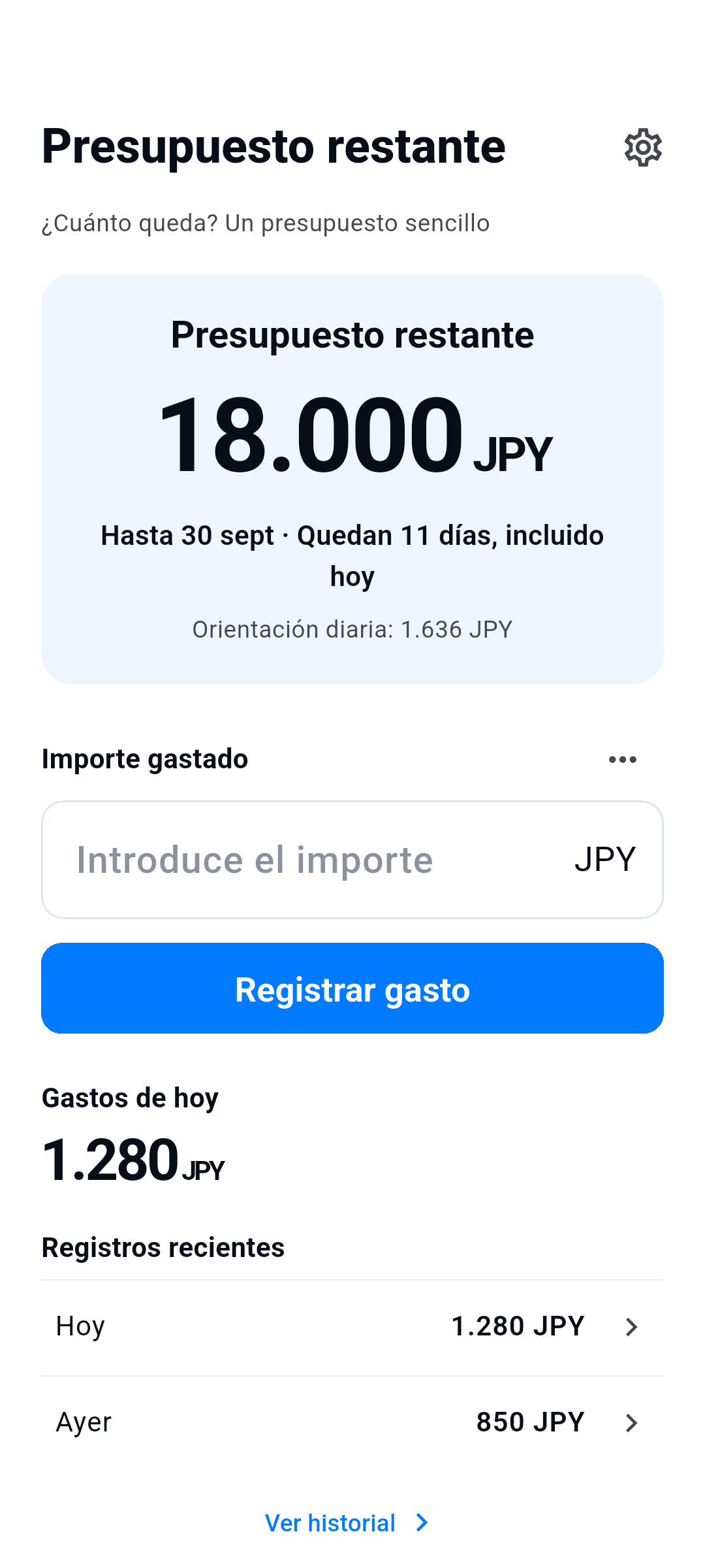 Presupuesto restante — Presupuesto restante, Importe gastado, Registros recientes
