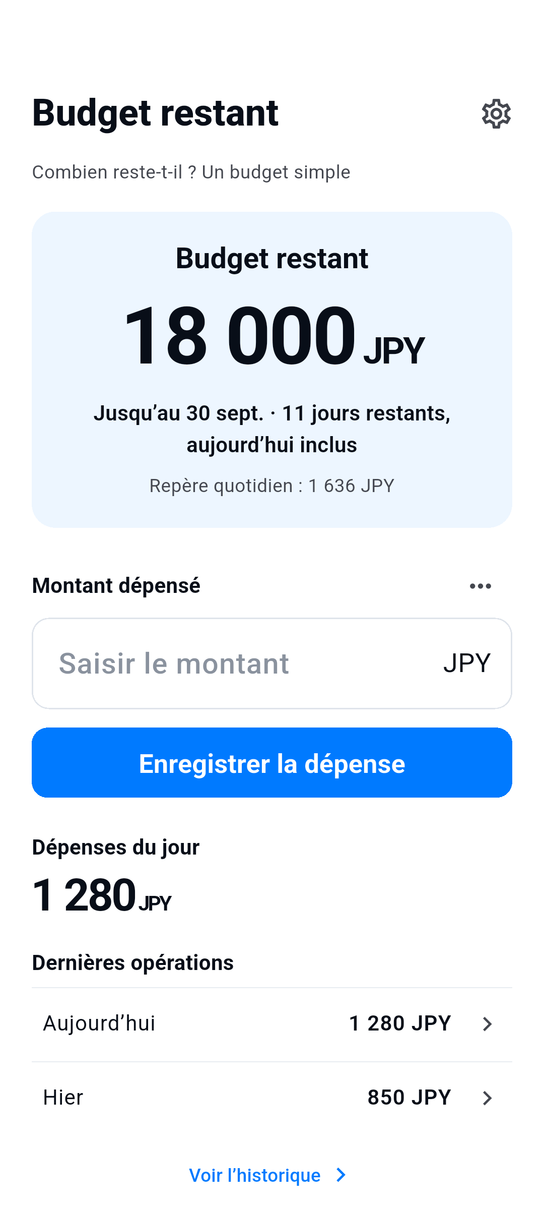 Budget restant — Budget restant, Montant dépensé, Dernières opérations