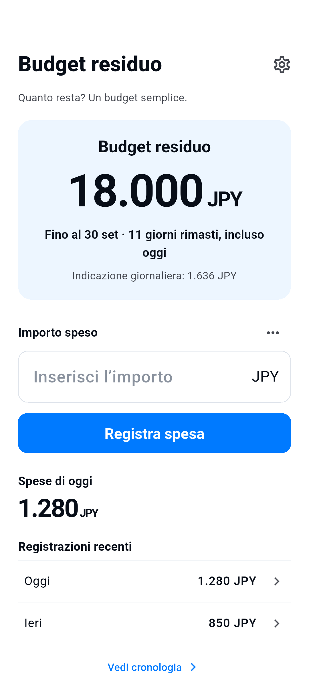 Budget residuo — Budget residuo, Importo speso, Registrazioni recenti