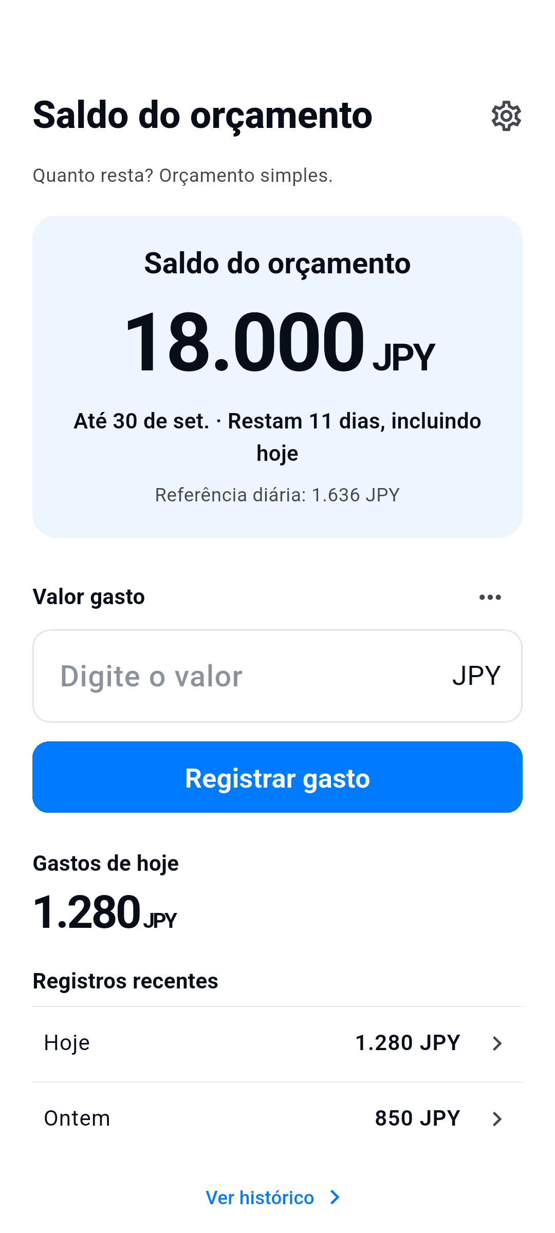 Saldo do orçamento — Saldo do orçamento, Valor gasto, Registros recentes
